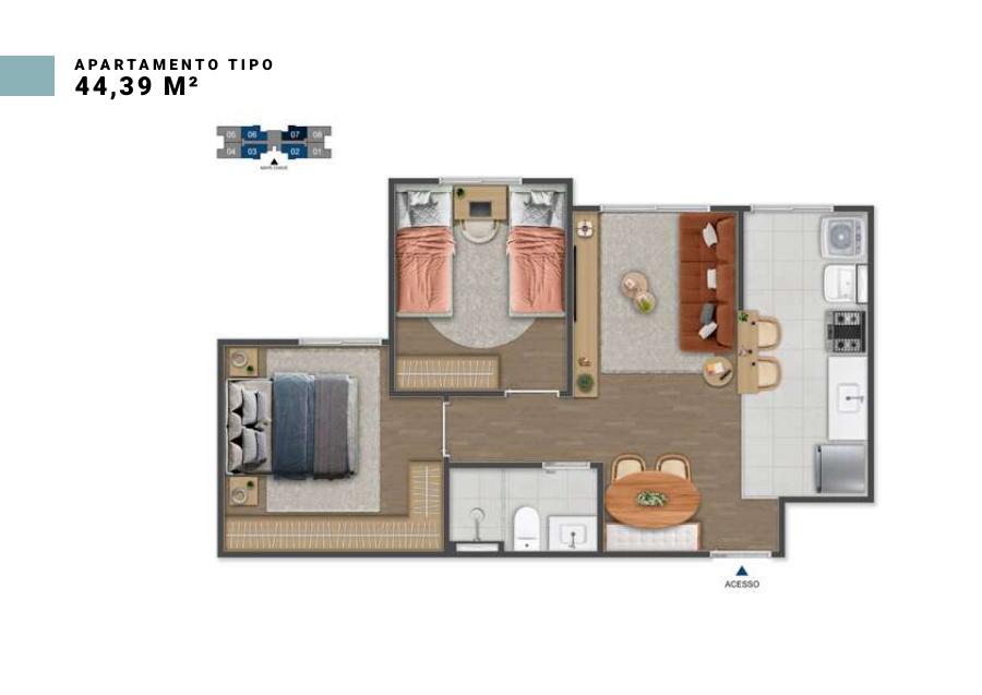 Planta tipo 44,39 do Porto Flamboyant